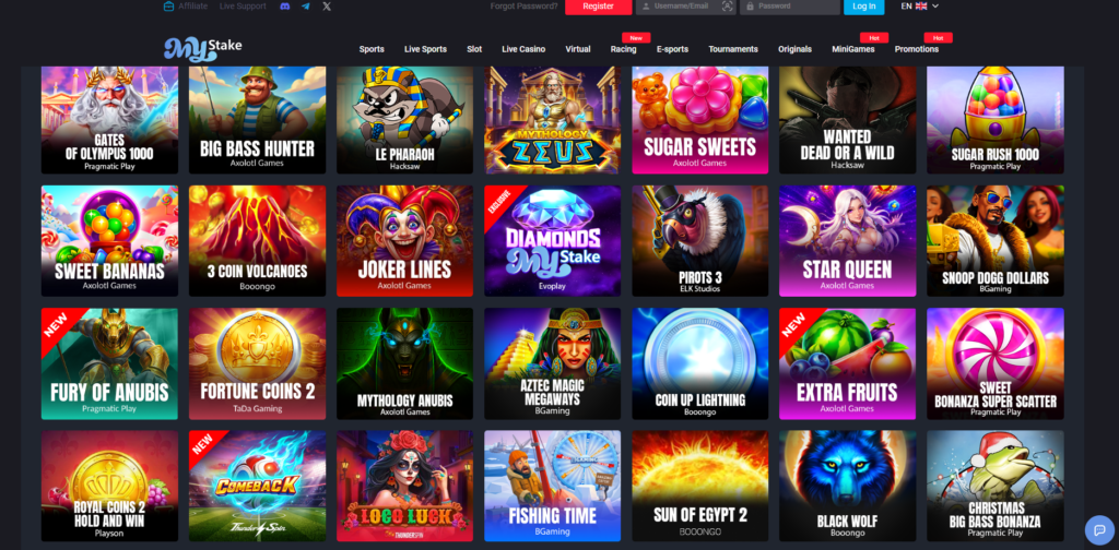 MyStake Casino showing game library and sports betting options