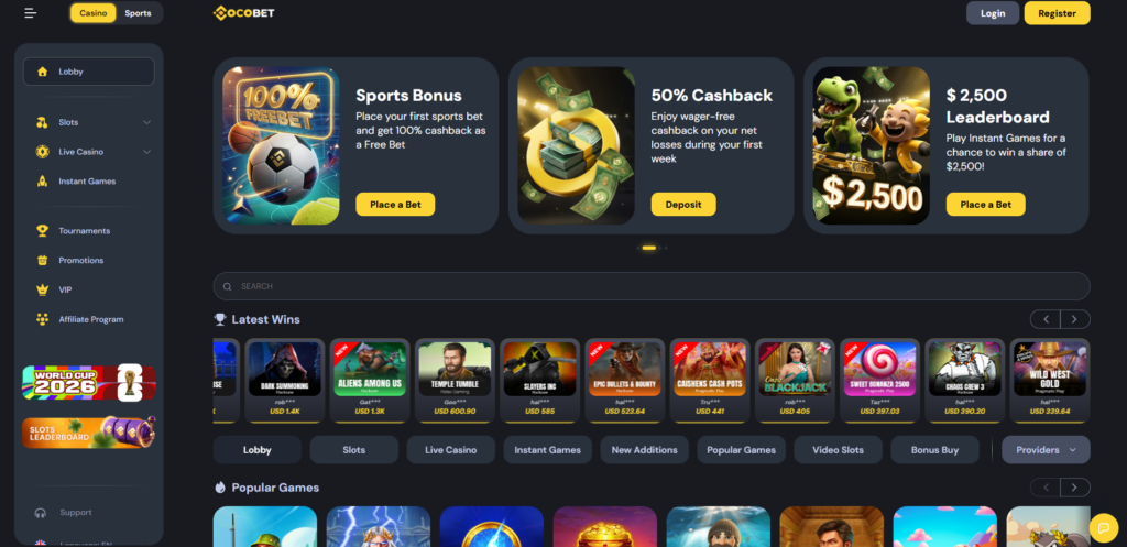CocoBet Casino interface showing crypto payment options